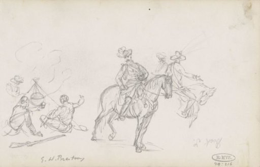 Horsemen with figures around a pot on a tripod