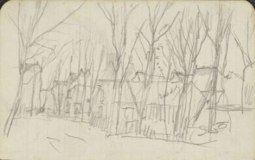 Houses along a road with bare trees