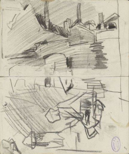 City view and a kneeling figure