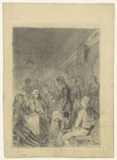 Large company where a woman points to a jug