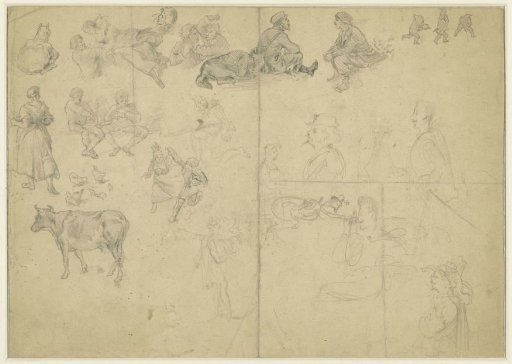 Sketch sheet with scribbles of the countryside, a cow, dancers, tourists and fantasy figures