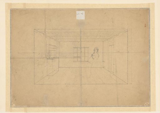 Perspective study of a room, with a standing woman