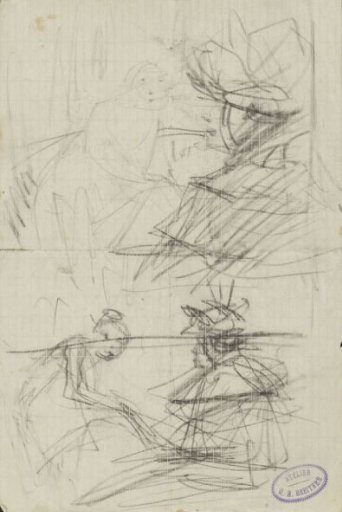 Two studies of a woman with a hat and a maid