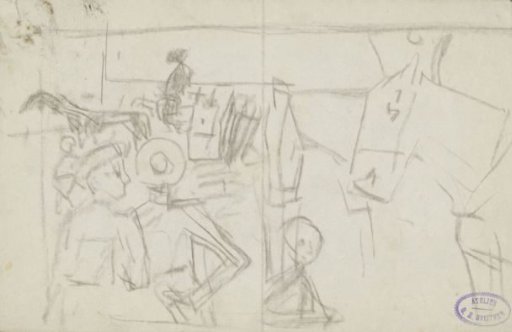 Figures with harnessed horses, possibly carriage horses