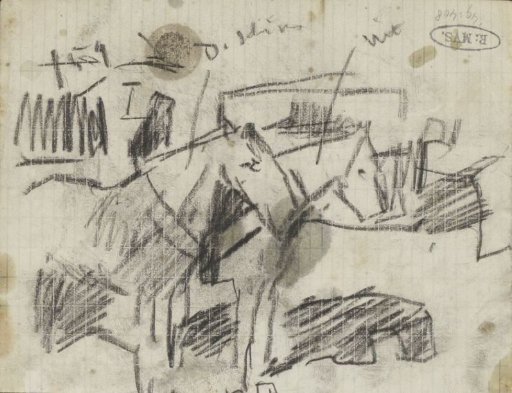 Two horses, possibly on a construction site