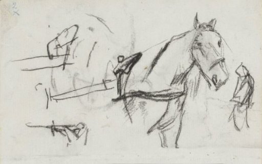 Study sheet with a harnessed horse, pole, and standing figure