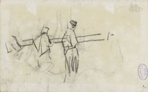 Three men carrying a pole, possibly a pile