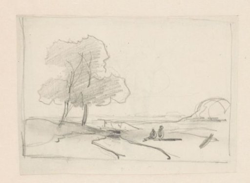 Sketch of a landscape with two seated figures and a clump of trees