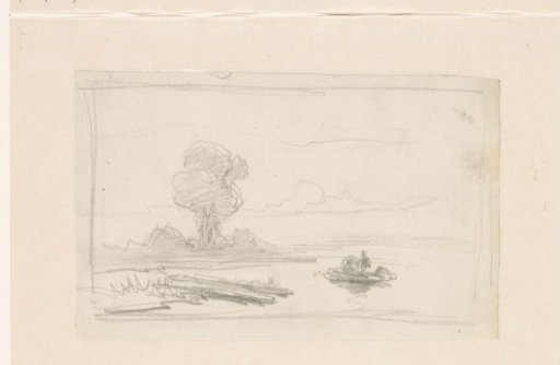 Sketch of a boat on the water, with a tall tree in the background