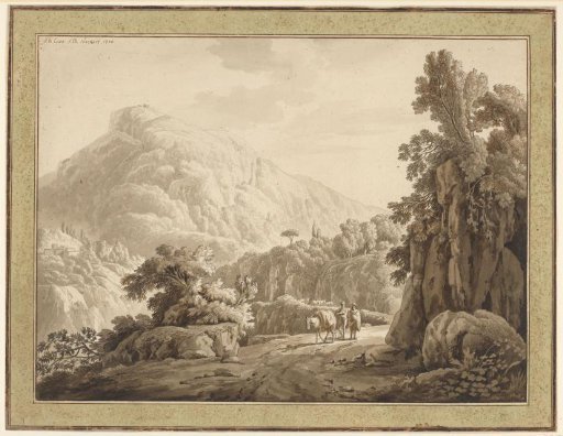 Roman landscape with mountain path on which two men with a mule