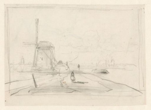 Sketch of a landscape with a mill and a city in the distance