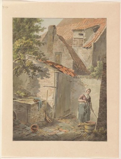 Courtyard with a maid cleaning