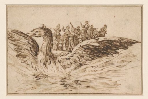 Musicians on the back of a large bird