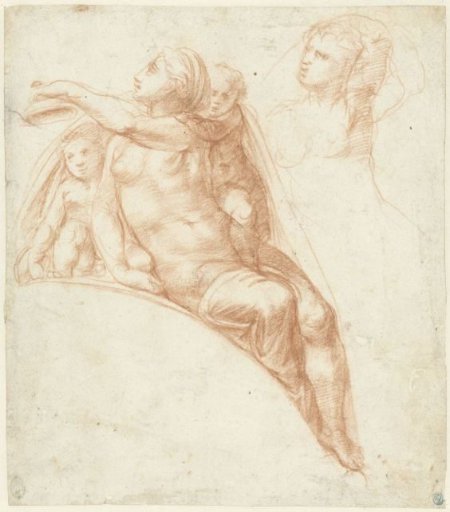 Naked woman leaning on a bow and two children