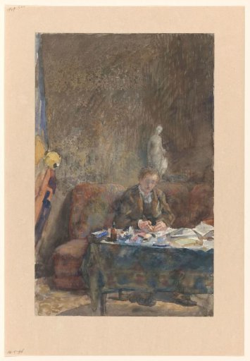 Interior with a man writing on a sofa behind a table