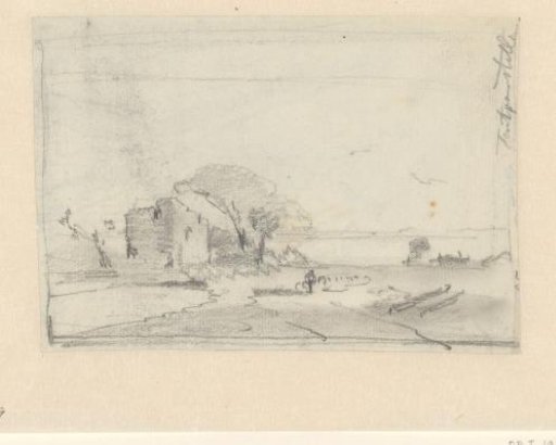 Sketch of a landscape with a ruin and trees