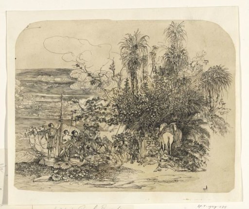 Landscape with a group of resting Orientals with their horses and camels