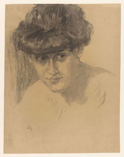 Bust of a woman with hair raised