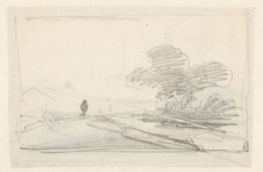 Sketch of a landscape with a group of trees by a road