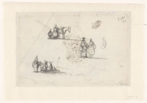 Sketch sheet with studies of figures and a donkey
