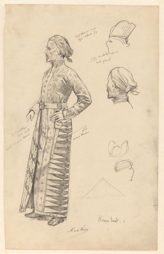 Study sheet with clothing and headgear of a dignitary from the Dutch East Indies