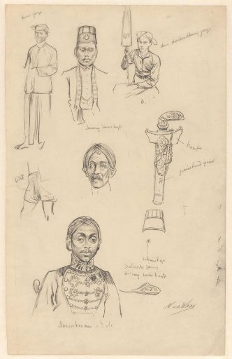 Study sheet with a portrait of the Susuhunan of Solo, clothing, headgear and a kris