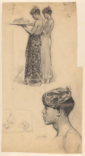 Two men from the Dutch East Indies with serving trays
