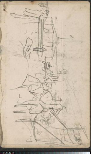 Figures at a circus tent with a flag