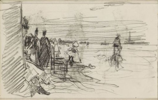 Recreational figures on the shoreline