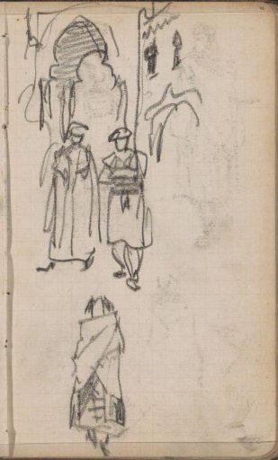 Figures in historical costume at a Moorish arch
