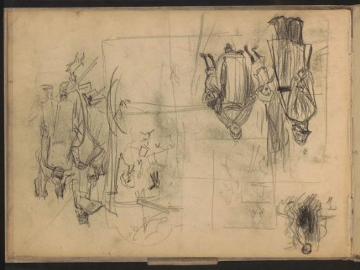 Studieblad, onder andere met figuren op een straat