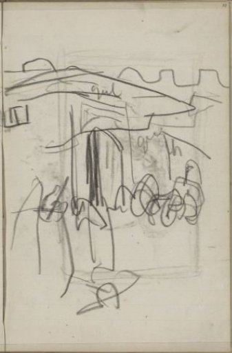 Figures before a building with crenellations