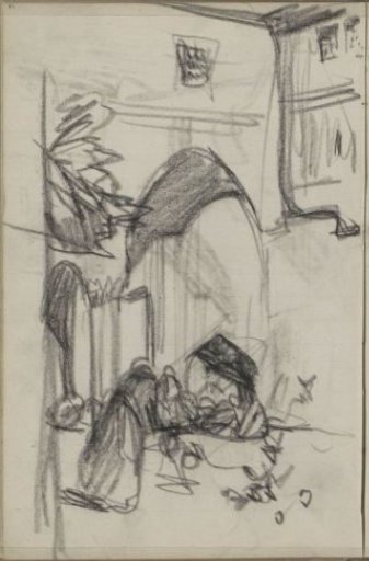 Street with figures at a gate
