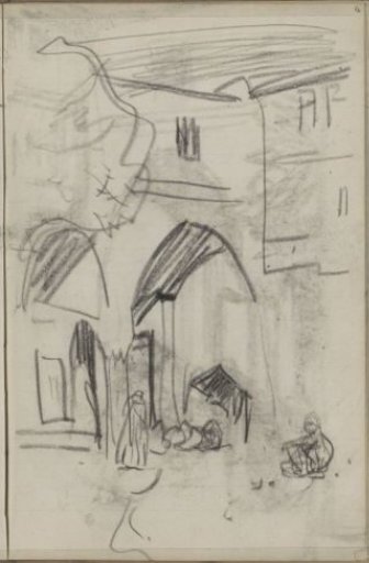 Street with figures at a gate