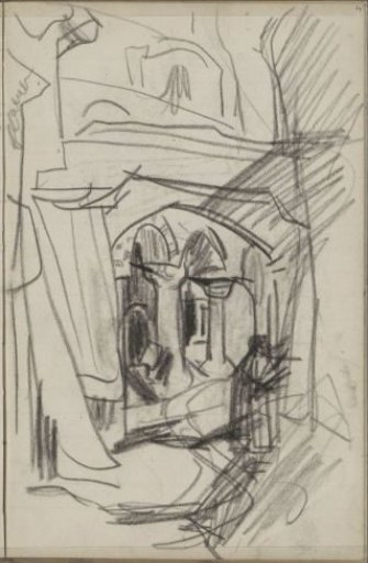 Street with a figure before a colonnade