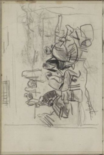 Street with figures sitting on stools