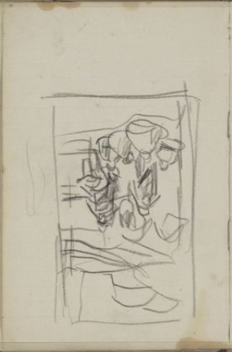 Seated and standing figures at a building