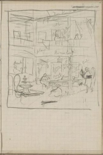 Courtyard with figures and fountain