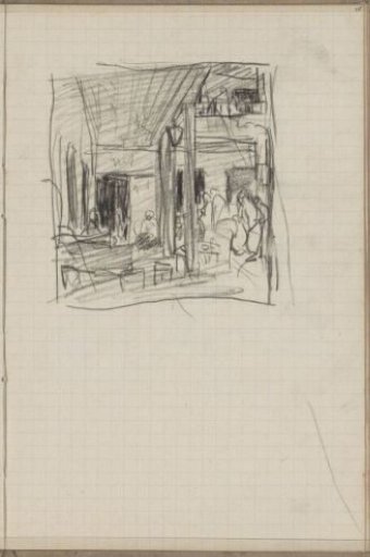 Figures in a courtyard with a gallery