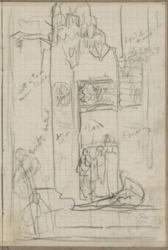 Standing and seated figures in a street