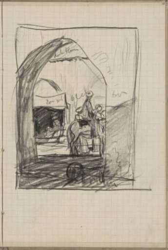 Horseman and figures seen through a portal