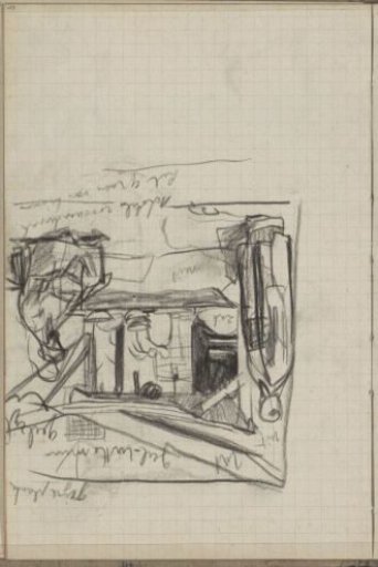 Two figures under an awning of a house