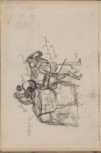 Two figures on horseback accompanied by a man with a staff