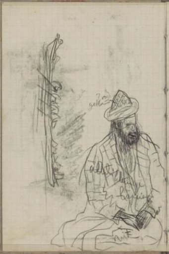 Seated man in Eastern clothing and rowing figures