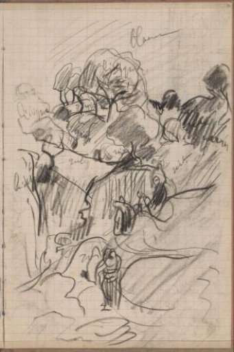 Hilly landscape with trees and figures on a path