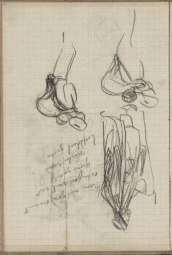 Figure with a child on the back and man with a staff