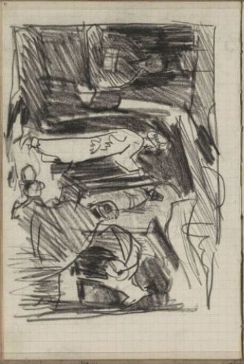 Figures in an interior overlooking a street