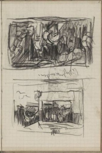 Study sheet, among others with a man sitting under an awning