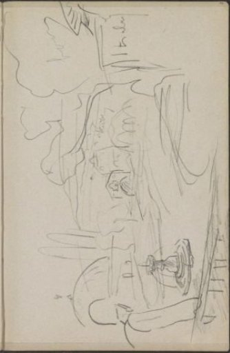 Man on a balcony looking out over a garden with a fountain
