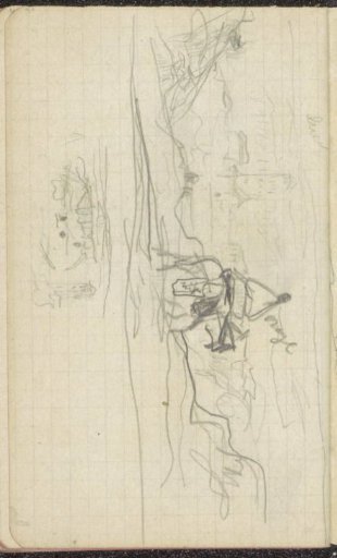 Hilly landscape with a figure on a donkey